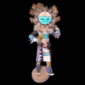 Kachina Doll Sun God S Saunders‎ Signed Vintage Native Art Feather Fur Wood